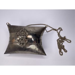 Vintage Brass Copper metal Pillow Purse with Black Velvet Lining and Chain Strap